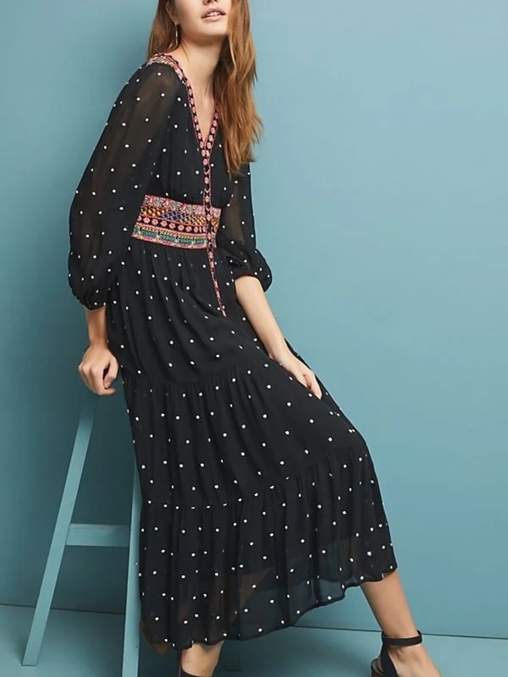 Anthropologie La Boheme Embroidered Polka Dot Dress